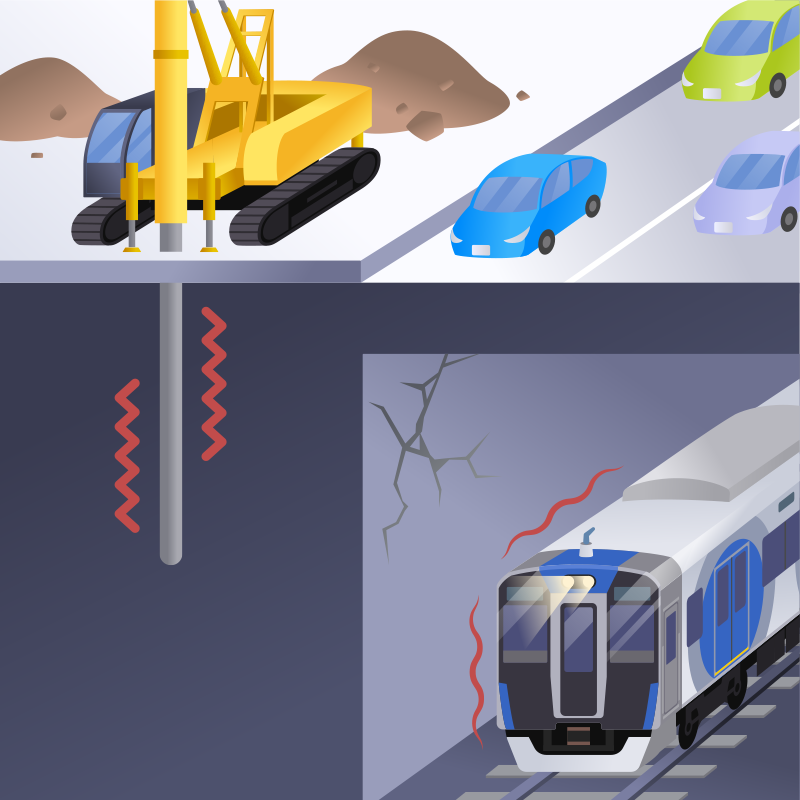 線路（地上・地下・高架橋）付近での杭打ちを伴う工事のイラスト