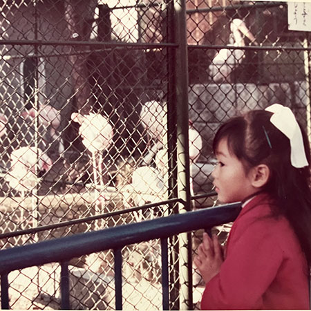 両親と一緒に、5歳のプレ誕生日祝いで行った阪神パークでの一コマ。フラミンゴの檻の前でのスナップ。