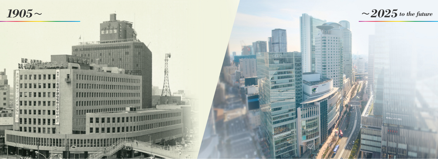 写真左：新阪神ビル（手前）と西阪神ビル（奥）（1970年） 写真右：ハービスENT（中央）とハービスOSAKA（奥）